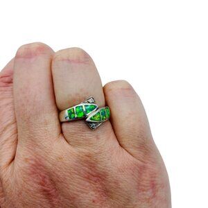 Sterling Silver Simulated Green Opal Ring Size 6.75 Signed CZ accents